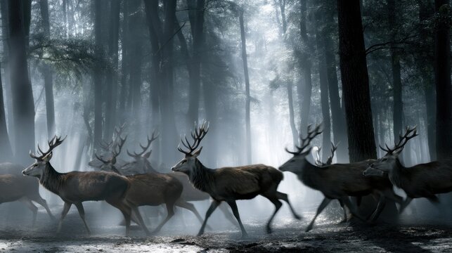 Deer walking in misty forest nature motion segment misty environment side view tranquil wildlife scene for nature lovers
