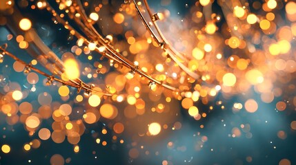 Close up of sparkling golden bokeh lights on intertwining strands creating a warm festive glow