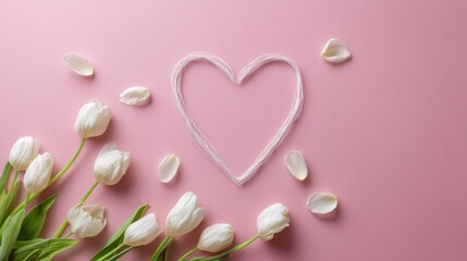 Delicate White Tulips, String Heart, Scattered Petals on Pastel Pink Backdrop