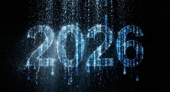 2026 splashing water with falling digital binary code on black background, information technology and data flow concept. - Powered by Adobe