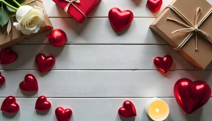 Valentine&rsquo;s Flat Lay with Red Hearts, Candles, White Rose, and Gifts