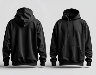 Two views of a classic black hooded sweatshirt, front and back