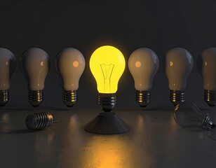 A glowing bulb is lit amongst a row of unlit light bulbs on a surface