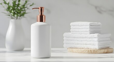 Minimalist bathroom scene featuring a white soap dispenser folded towels and a plant