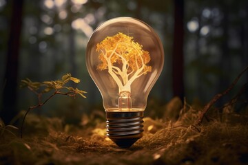 Light bulb containing a glowing tree symbolizing sustainable energy and environmental innovation