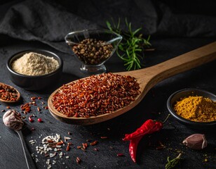 Assortment of Spices and Grains on a Dark Surface