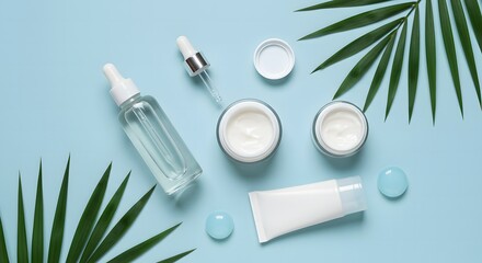 A flat lay featuring skincare products including creams serums and toners with tropical leaves