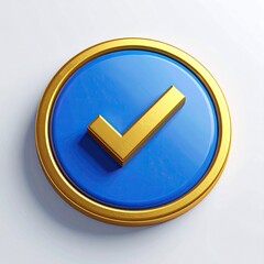 A 3D render of a golden checkmark inside a blue circle with a gold border