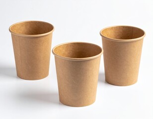 Three brown paper cups on a clean white background, slightly angled
