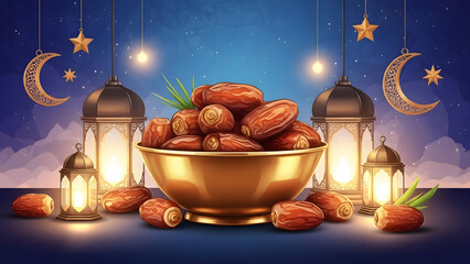 Modern Islamic vector illustration, realistic dates in a golden bowl, soft glowing lantern lamp, crescent moon and star ornaments