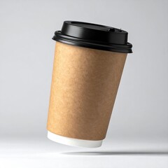 Tan paper cup with a black lid, floating against a white backdrop
