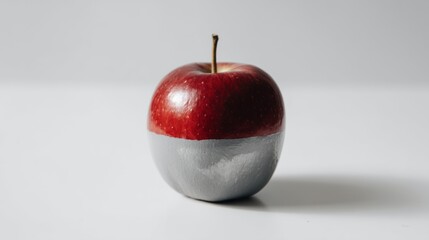 Vibrant Red Apple Half-Dipped in Metallic Silver Paint, Minimalist Still Life