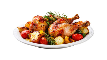 A plate of chicken and vegetables with a white background