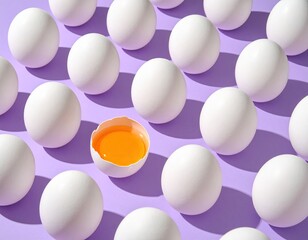 White eggs arranged on a purple surface, one cracked open