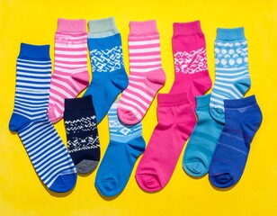 Colorful assortment of patterned socks, stripes, and textured designs displayed on a vibrant yellow background