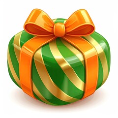 Cartoon gift, green and gold stripes, tied with orange bow