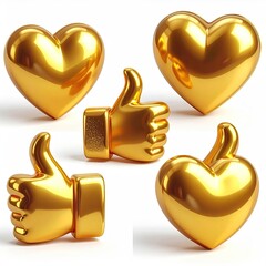 Shiny golden hearts and thumbs-up symbols, isolated on white background