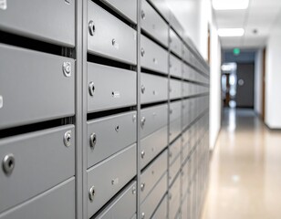 Rows of grey, numbered mailboxes line a corridor, with a distant doorway