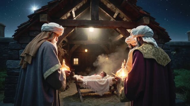 Hyper-realistic cinematic 4K Nativity scene, three wise men humble starry night sky, glowing gifts gold, frankincense myrrh, spiritual light baby Jesus, dust motes sacred biblical volumetric lighting