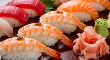 Close up view of assorted nigiri sushi featuring vibrant shrimp salmon and tuna pieces arranged artfully alongside bright green wasabi and pickled ginger flower