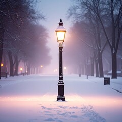 A snow-covered path, lamppost glowing amidst a misty winter scene