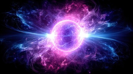 A vibrant, abstract representation of energy waves and particles radiating from a central glowing sphere, showcasing a blend of pink and blue hues.