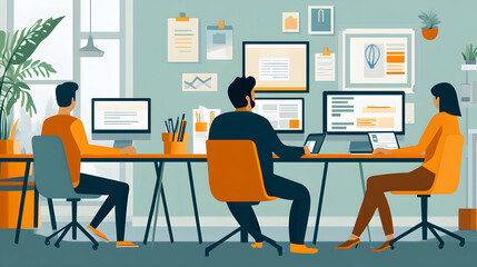 Three coworkers working together at a desk in a modern office environment