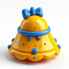 Whimsical yellow bell-shaped figure with blue accents, bow, and smile