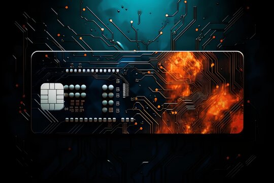 Electronic chip card with circuit board catching fire, representing data risk and digital security issues