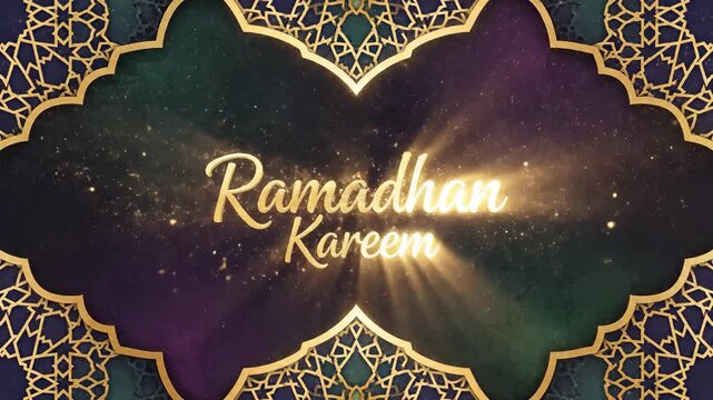 A digital ramadan greeting background with 'Ramadhan Kareem' text in gold, surrounded by a decorative gold geometric pattern on a dark, starry night sky with a cinematic lighting effect.