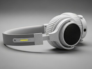 White over ear headphones with gray accents and yellow indicator light on headband