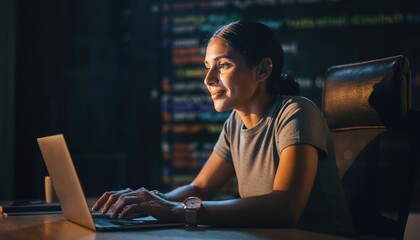 Dedicated female programmer smiles while coding late at night illuminated by the glow of her laptop screen and background text.