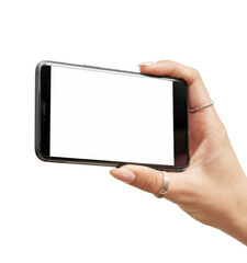 hand holding smartphone with white screen on white background.