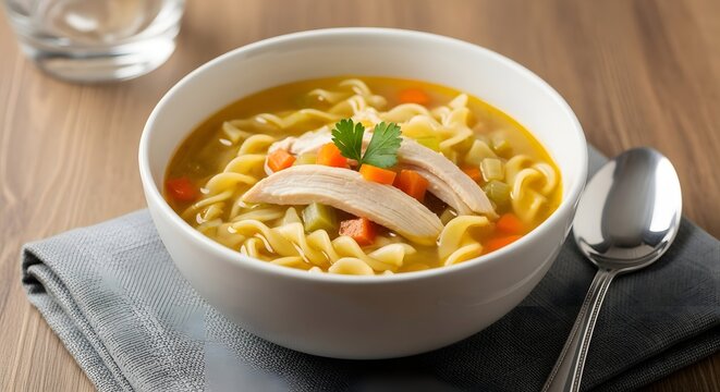Comforting bowl of hot homemade chicken noodle soup featuring tender sliced meat and curly egg pasta served with a silver spoon on wood