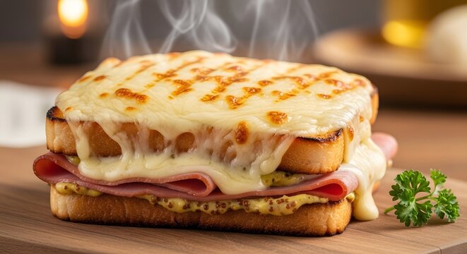 Delicious hot croque monsieur sandwich layered with melted cheese ham and grainy mustard steaming gently on a wooden board