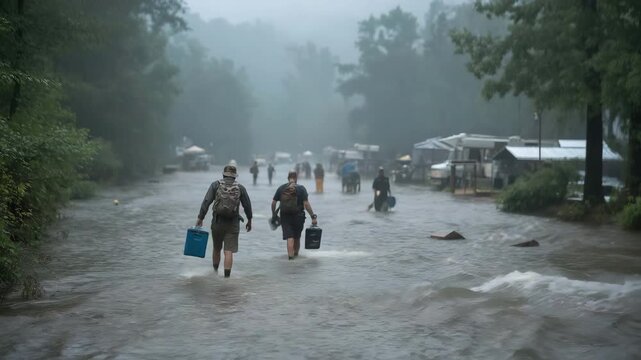 During a flash flood, campers swiftly evacuate their flooded campsite with food and equipment, hauling duffel bags and coolers through a rising river.