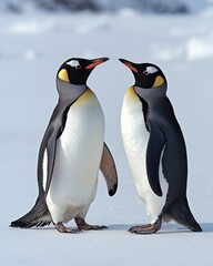 Obraz premium Two penguins interacting in snowy landscape