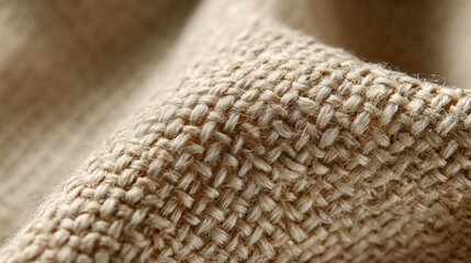 Macro close-up of natural linen fabric, highly detailed woven texture, visible organic textile fibers, soft neutral beige tones, tactile surface detail, natural imperfections