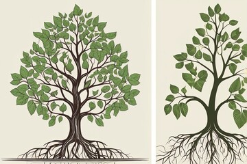 Green Tree with Leaves and Roots Vector
