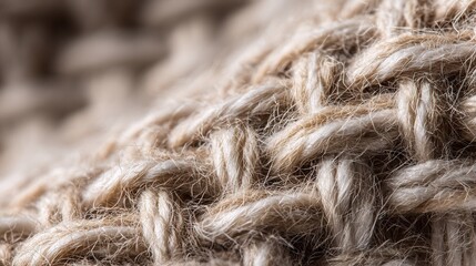 Macro close-up of natural linen fabric, highly detailed woven texture, visible organic textile fibers, soft neutral beige tones, tactile surface detail, natural imperfections