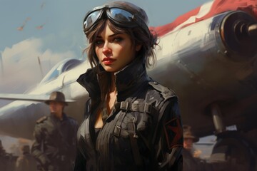 Obraz premium Female pilot in uniform and goggles standing on an airfield with an aircraft