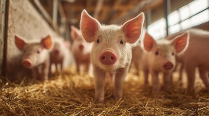 Young pigs standing in a row inside a clean, modern livestock farm, bright natural lighting, detailed textures of piglets&acirc;&euro;&trade; skin and straw bedding, agricultural environment, realistic farming scene