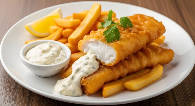 Deliciously golden battered and fried fish portions served atop thick-cut chips accompanied by tartar sauce and a lemon wedge garnish on a white plate.