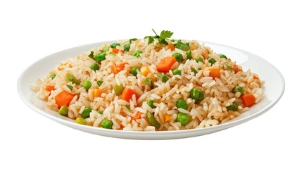 A plate of rice with carrots and peas, isolated on a transparent background