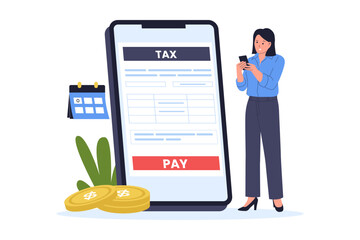 Illustration of Woman Using Smartphone App for Digital Online Tax Payment. A woman standing next to a giant smartphone screen displaying a tax payment interface