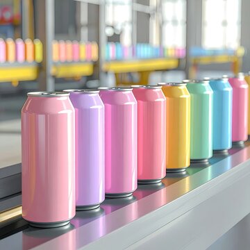 Colorful drink cans travel down an industrial production line