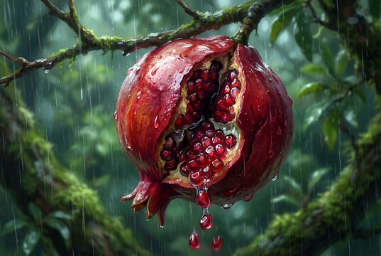 Ripe Cracked Pomegranate Rain Tree