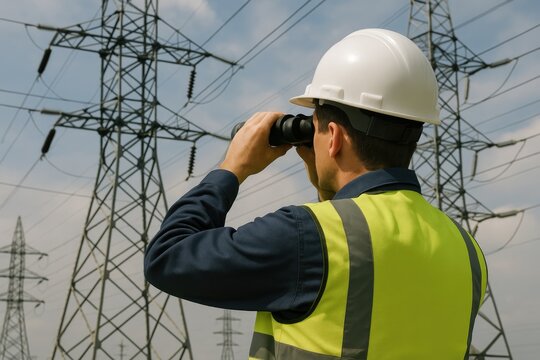 Hat binoculars high vis using inspect industrial landscape wearing white bright yellow visibility dark, power lines, electric engineer, vest hard.