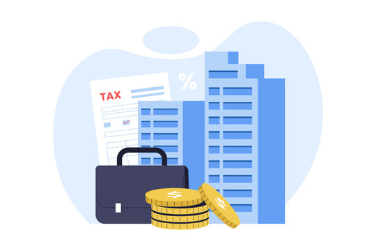 Illustration of Corporate Tax Concept. An office skyscraper building surrounded by money bags, coins, and tax documents, representing corporate tax, property tax, and business financial obligations