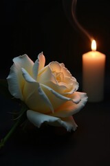 Single white rose by candlelight